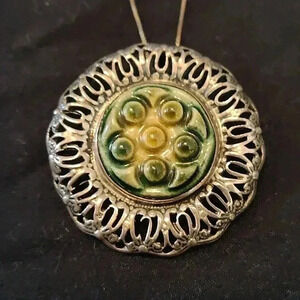 Sterling silver glazed ceramic pottery pendant 16-in Sterling box chain